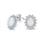 Vintage Estate Style Oval Opal Crown Halo CZ Stud Earrings Silver 12MM