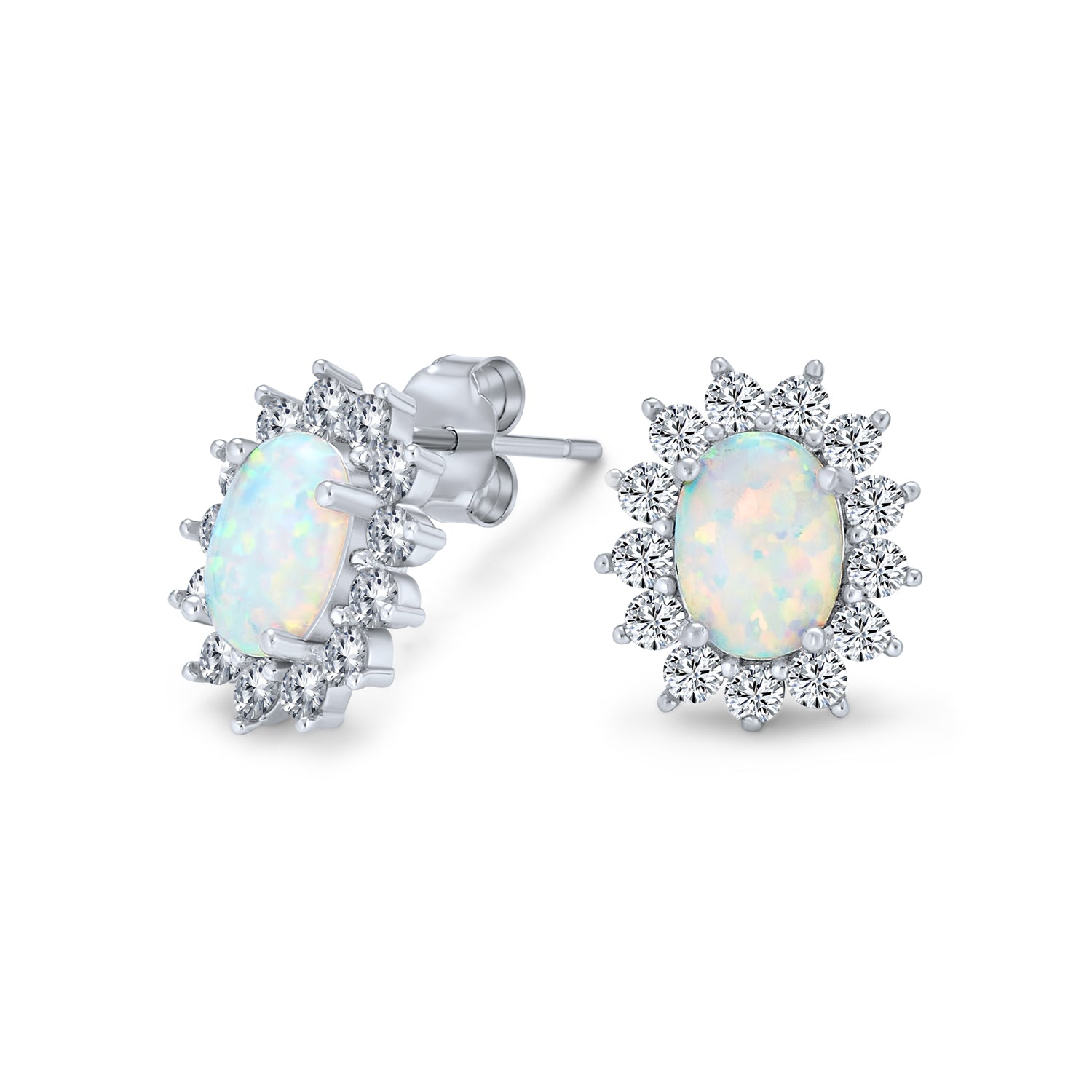 opal-earrings-silver-halo-cz-crown_jf-a30546-az Vintage Estate Style Oval Opal Crown Halo CZ Stud Earrings Silver 12MM - Image 1