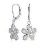 White Plumeria Flower Synthetic Opal Dangling Earrings Sterling Silver Lever Back