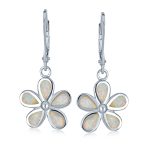 White Plumeria Flower Synthetic Opal Dangling Earrings Sterling Silver Lever Back - Image 2