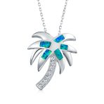 Palm Tree Pendant Necklace Created Blue Opal Tropical Beach .925 Sterling Silver