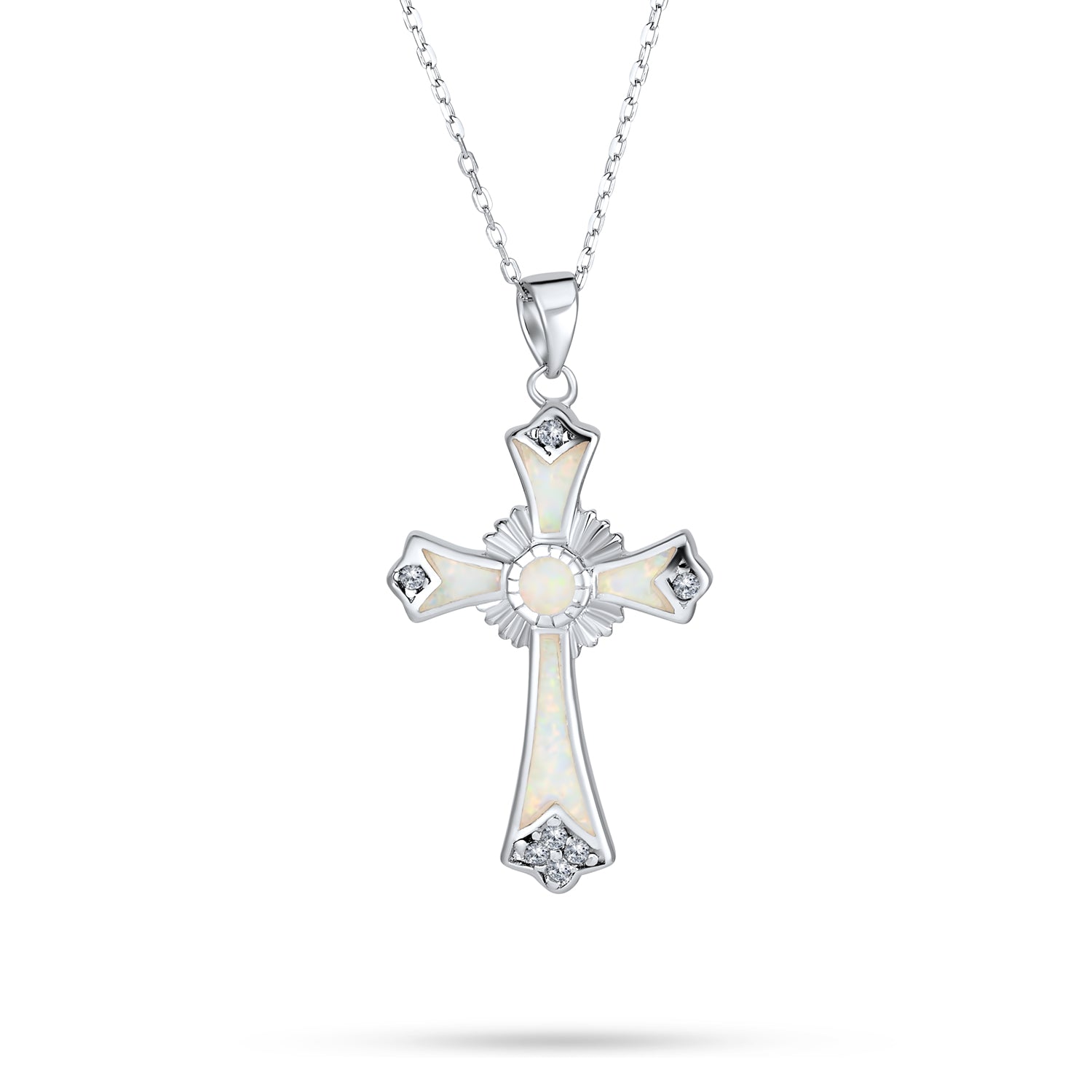 opal-white-cross-necklace-pendant-xny-pd0547_1 Silver Opal CZ Cross Pendant Necklace 18in Chain - Image 1