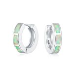 Created White Opal Inlay Iridescent Huggie Small Hoop Earrings .925 Sterling Silver .75" Dia