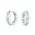 Set of 2 White & Blue Created Opal Gemstone Huggie Hoop Earrings Sterling Silver - Image 6