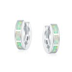 Created White Opal Inlay Iridescent Huggie Small Hoop Earrings .925 Sterling Silver .75" Dia - Image 3