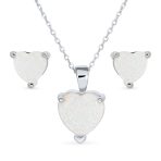 Romantic Bridal Opal Heart Pendant Necklace and Stud Earrings Sterling Silver
