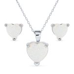 Romantic Bridal Opal Heart Pendant Necklace and Stud Earrings Sterling Silver