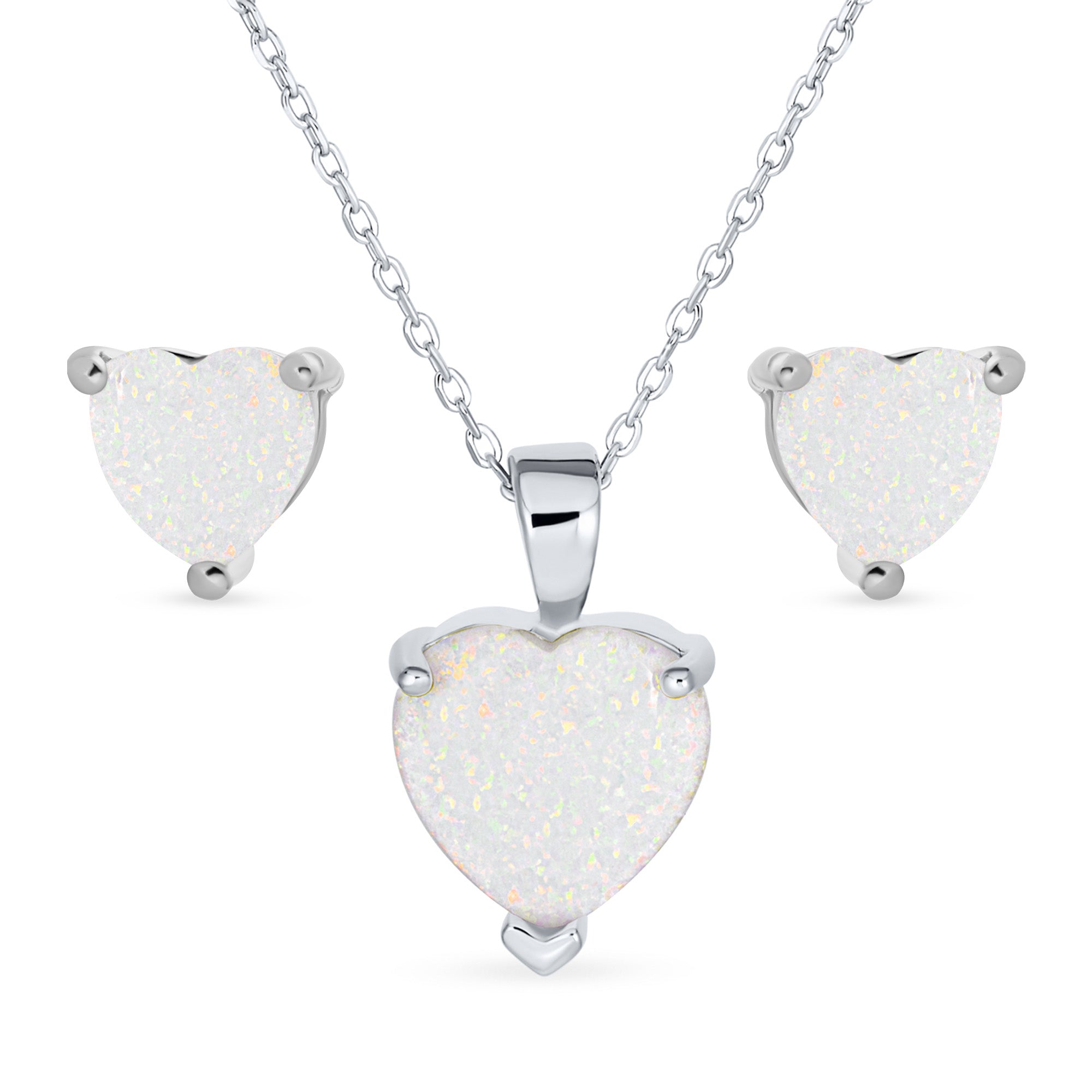 opal_heart_stud_pendant_set_xny-p2166set Romantic Bridal Opal Heart Pendant Necklace and Stud Earrings Sterling Silver - Image 1