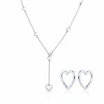 Linear Lariat Heart Necklace & Mini Hoop Earrings Jewelry Set Sterling Silver
