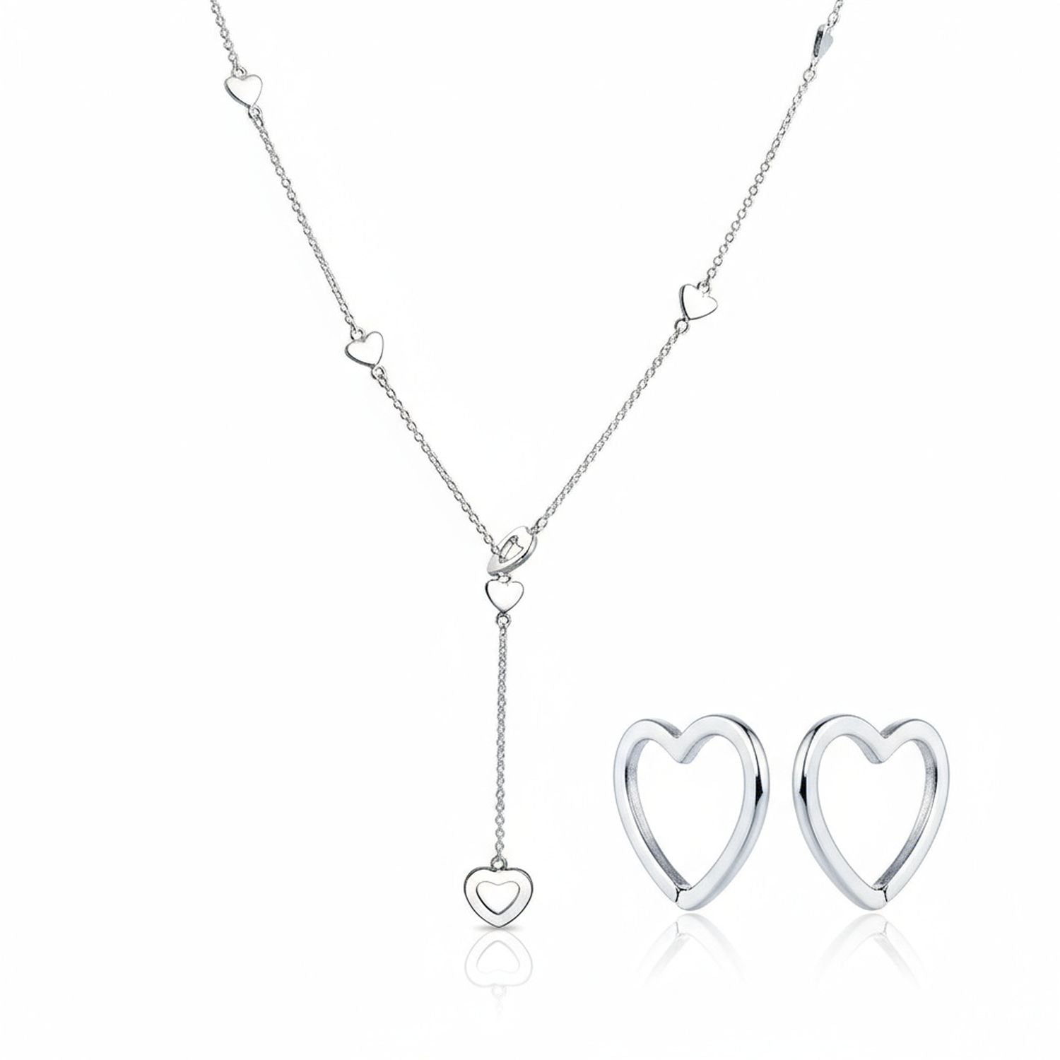 open-heart-necklace-earring-set-lariat-silver_146031900-set-az Linear Lariat Heart Necklace & Mini Hoop Earrings Jewelry Set Sterling Silver - Image 1