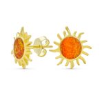 Iridescent Gemstone Sunburst Stud Earrings Blue Opal 14K Gold October Birthstone - Image 2