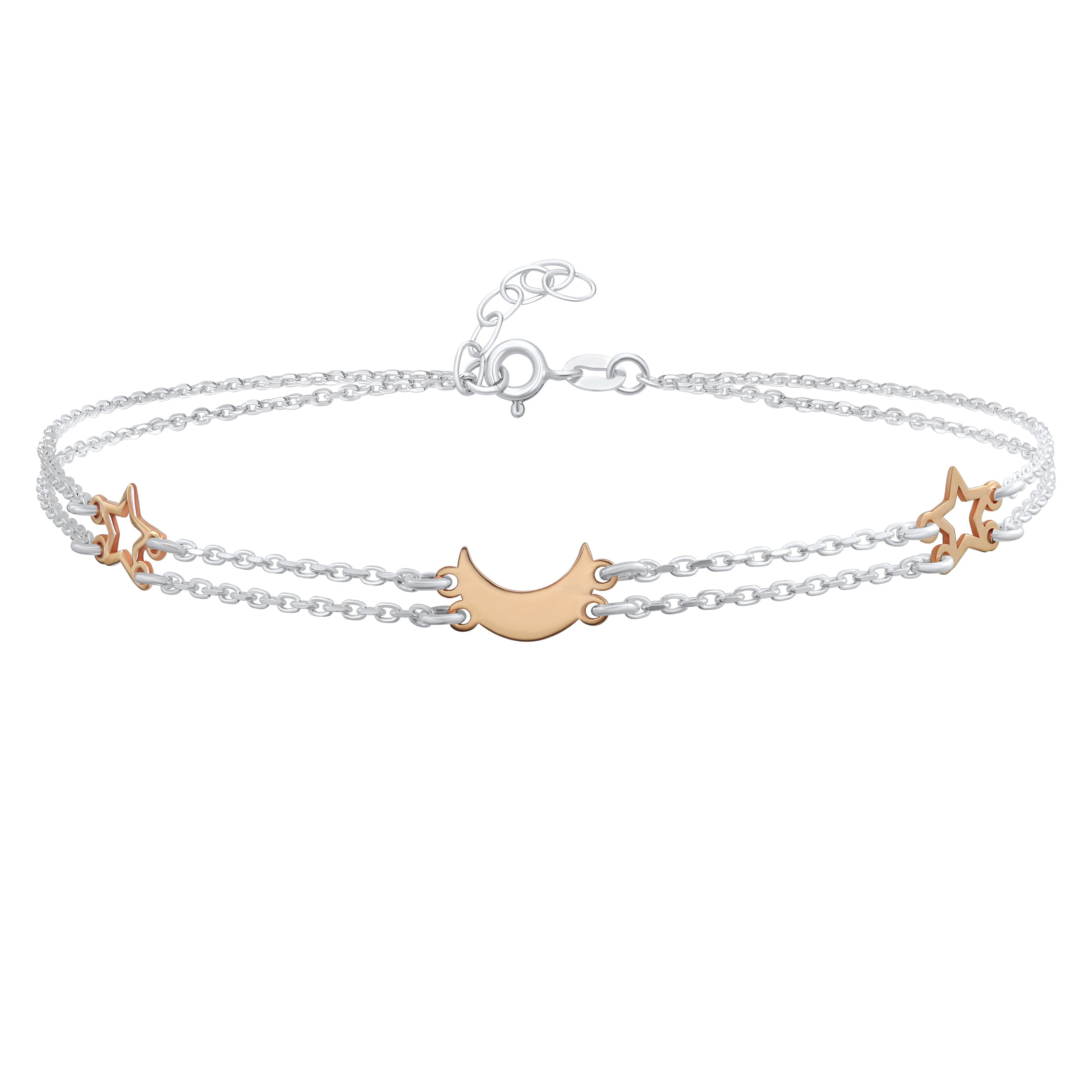 ouble-chain-celestial-moon-stars-anklet-srn-s792210a_011 Double Chain Moon & Stars Anklet Ankle Bracelet Rose Gold Sterling Silver - Image 1