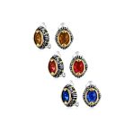 Set of 3 Blue Orange Red Crystal Oval Bali Style Clip-On Earrings Non-Pierced