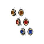 Set of 3 Blue Orange Red Crystal Oval Bali Style Clip-On Earrings Non-Pierced