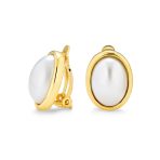 Simple White Pearl Oval Button Clip On Earrings Gold Plated Non-Pierced Ears
