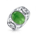 Boho Bali Silver Ring Green Jade Cabochon Filigree Design