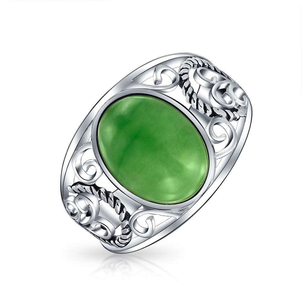 oval-green-jade-ring-silver_wj-swr3524-01a-7_1 Boho Bali Silver Ring Green Jade Cabochon Filigree Design - Image 1
