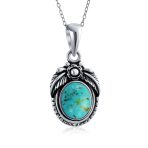 Southwest Gemstone Turquoise Leaf Feather Pendant Necklace in Sterling Silver
