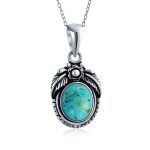 Southwest Gemstone Turquoise Leaf Feather Pendant Necklace in Sterling Silver