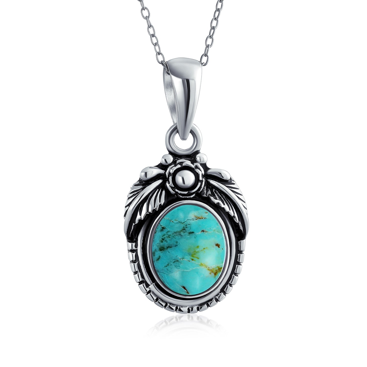 oval-necklace-pendant-turquoise-feather_nk-pnk-0098_1 Southwest Gemstone Turquoise Leaf Feather Pendant Necklace in Sterling Silver - Image 1