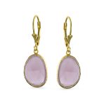 Elegant Oval Pastel Stone Dangle Earrings Pink Aqua Mint Green 14K Gold-Plated - Image 4