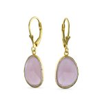 Elegant Oval Pastel Stone Dangle Earrings Pink Aqua Mint Green 14K Gold-Plated - Image 2