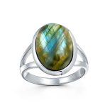 Oval Cabochon Moonstone Silver Ring with Split Shank Boho Statement Design - Image 3