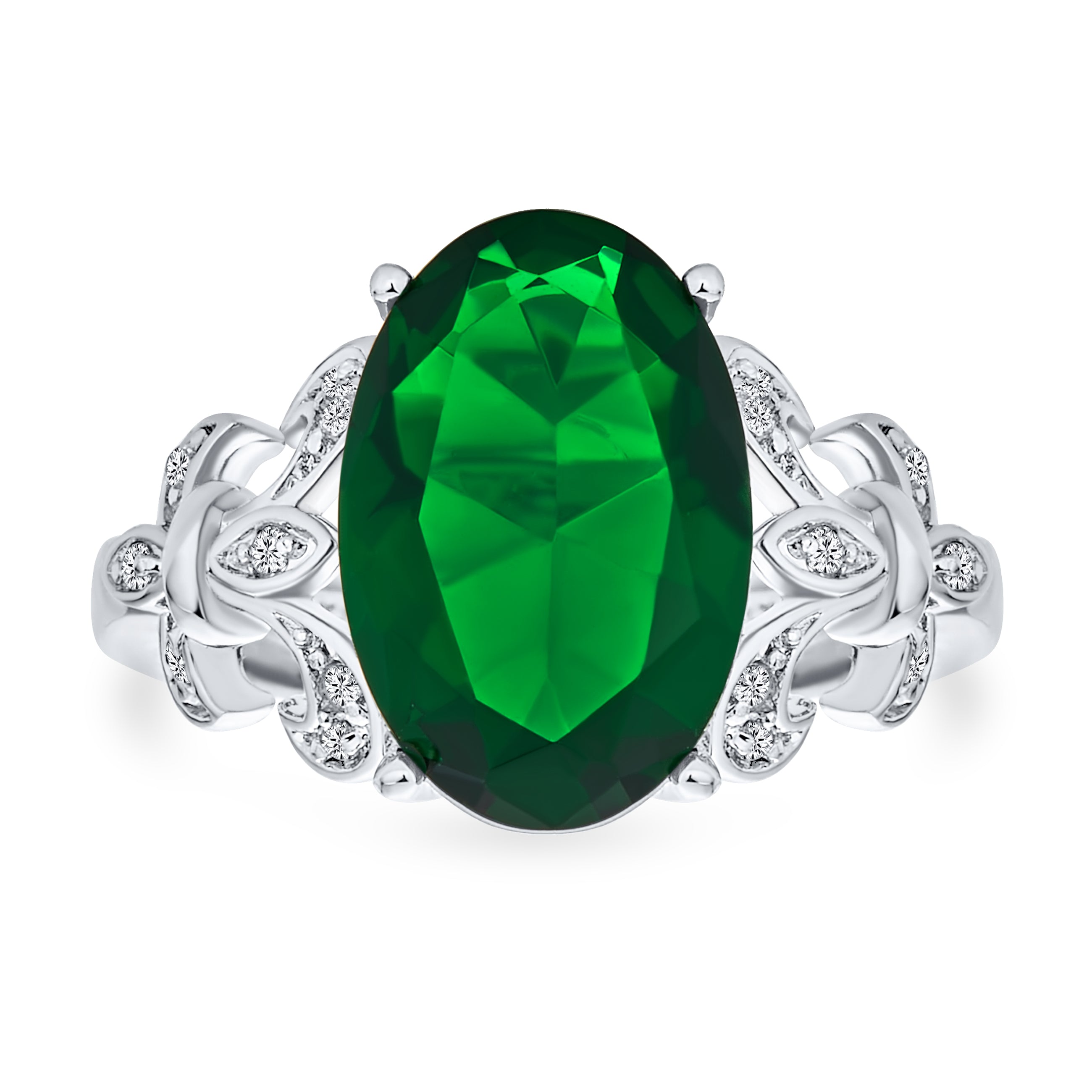 oval-solitaire-cz-emerald-ring-silver-ag-rz8864em-01 Fleur De Lis Setting CZ Green Oval Solitaire 7CT Cocktail Statement Ring - Image 1