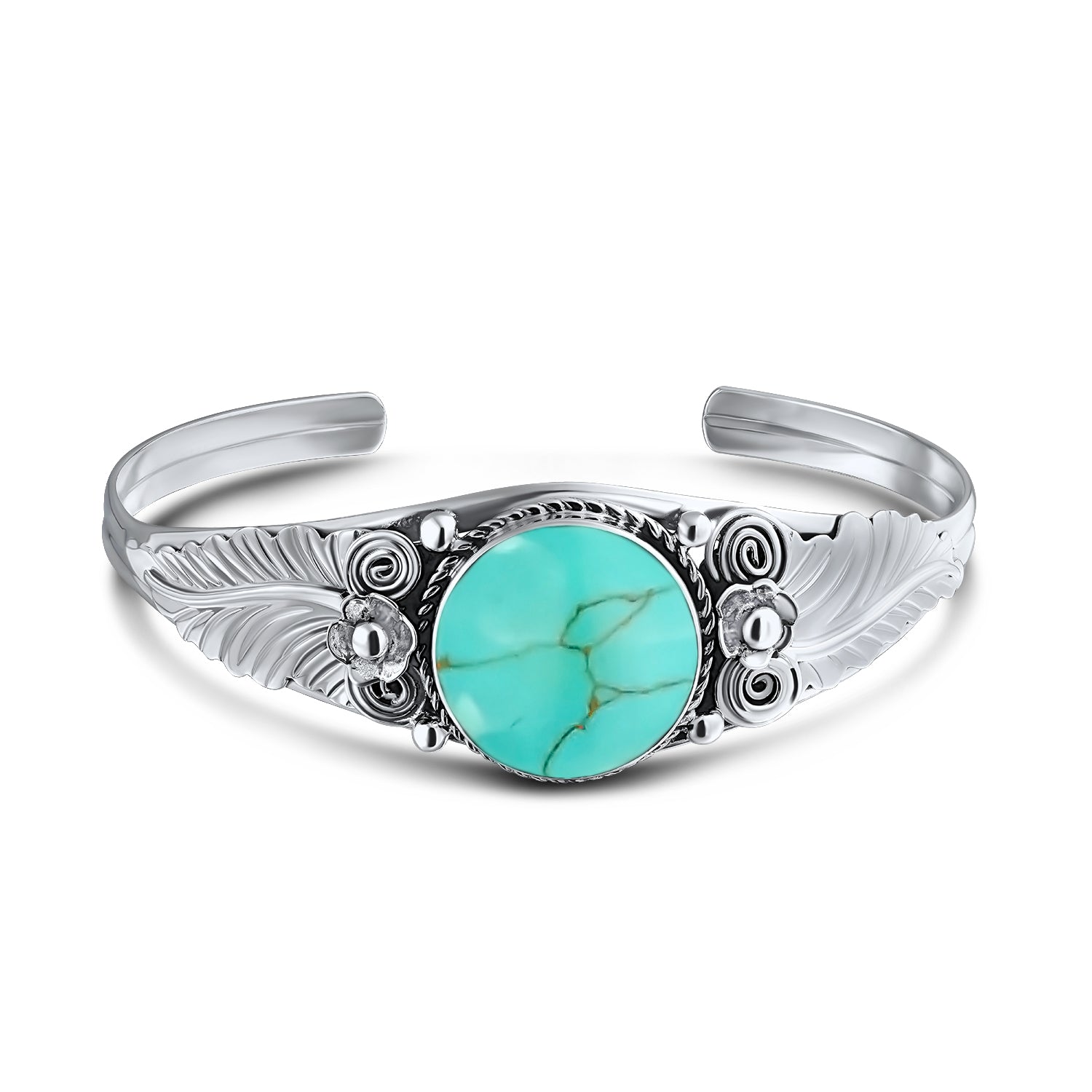 oval-turquoise-bracelet-leaf-silver_eam-tsb-5749r_1 Nature Leaf Navajo Style Onyx Turquoise Wide Cuff Bracelet in Sterling Silver - Image 1