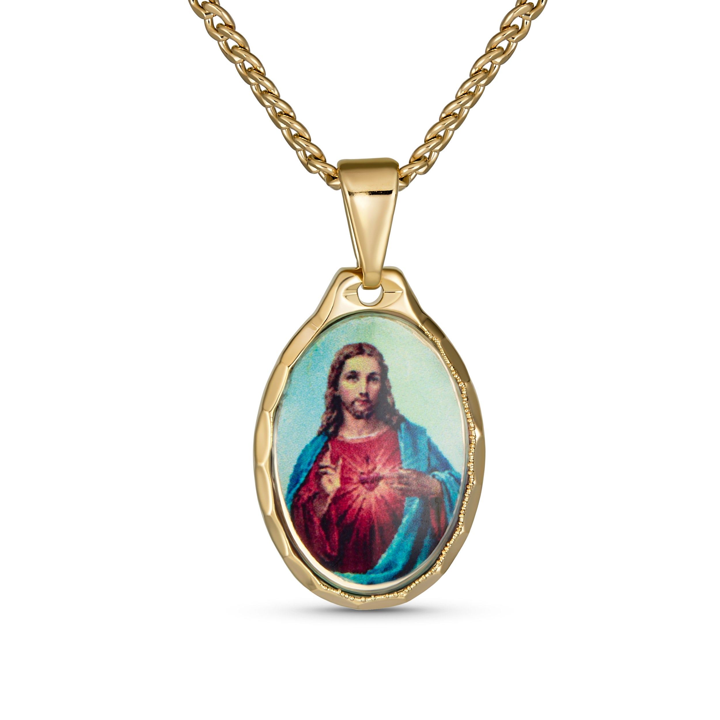 oval_medallion_jesus_photo_necklace_ajb-15-00408 Oval Medal Sacred Heart Jesus Pendant Necklace Gold Plated - Image 1