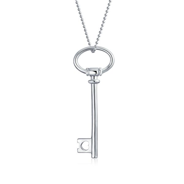 Romantic Key to My Heart Oval Key Pendant Necklace Large Plain .925 Sterling Silver Gift