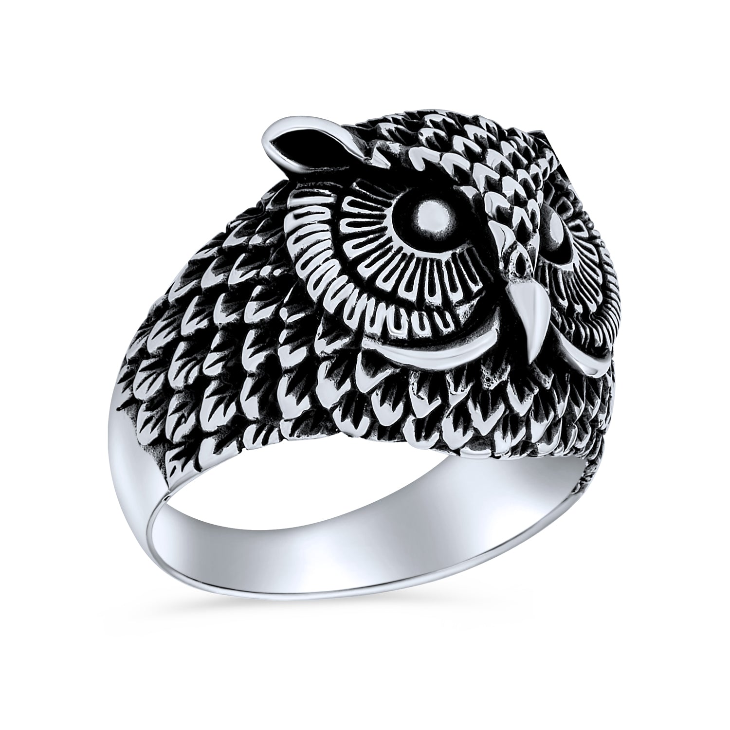 owl-ring-mens-silver-wise-bird_pts-mhy119_1 Mens Silver Ring Oxidized Sterling Silver Night Owl Band Men - Image 1