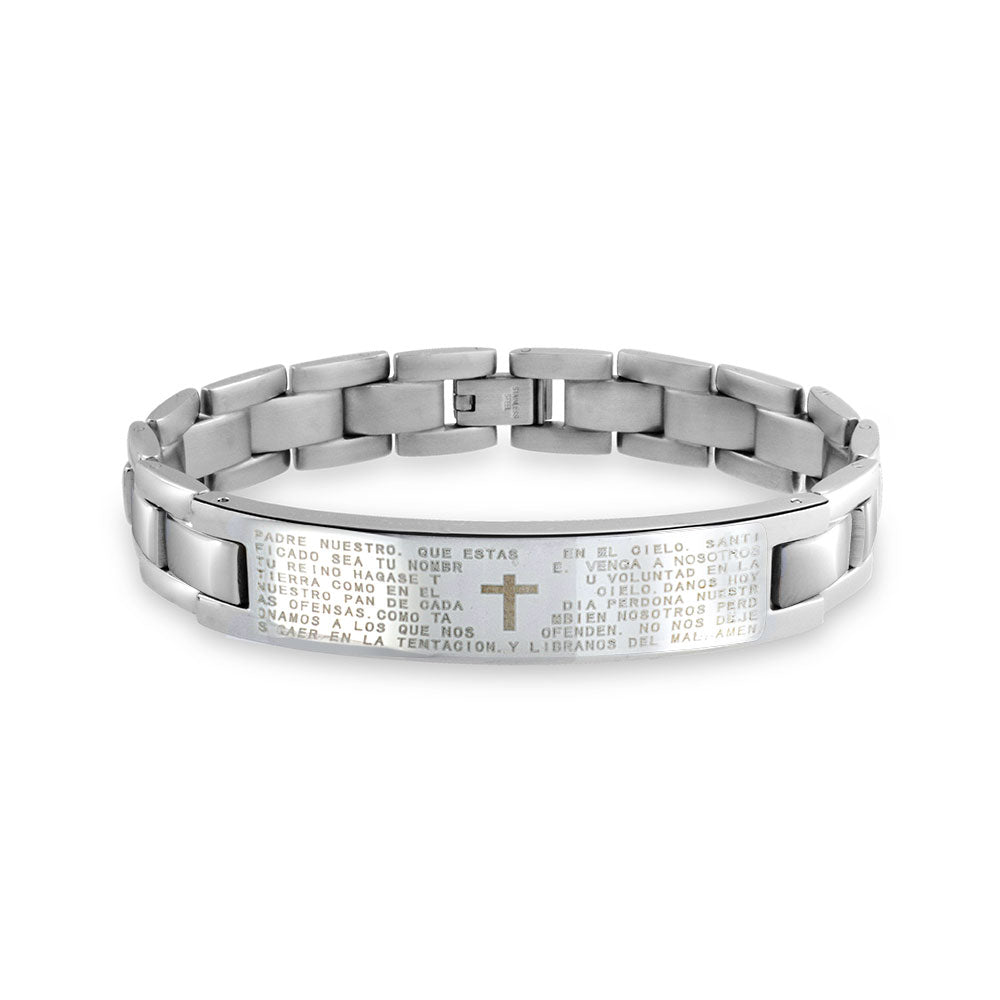 padre-nuestro-id-bracelet-steel_cdl-b0621 Religious Our Lords Prayer Cross El Padre Maestro ID Bracelet Stainless Steel - Image 1