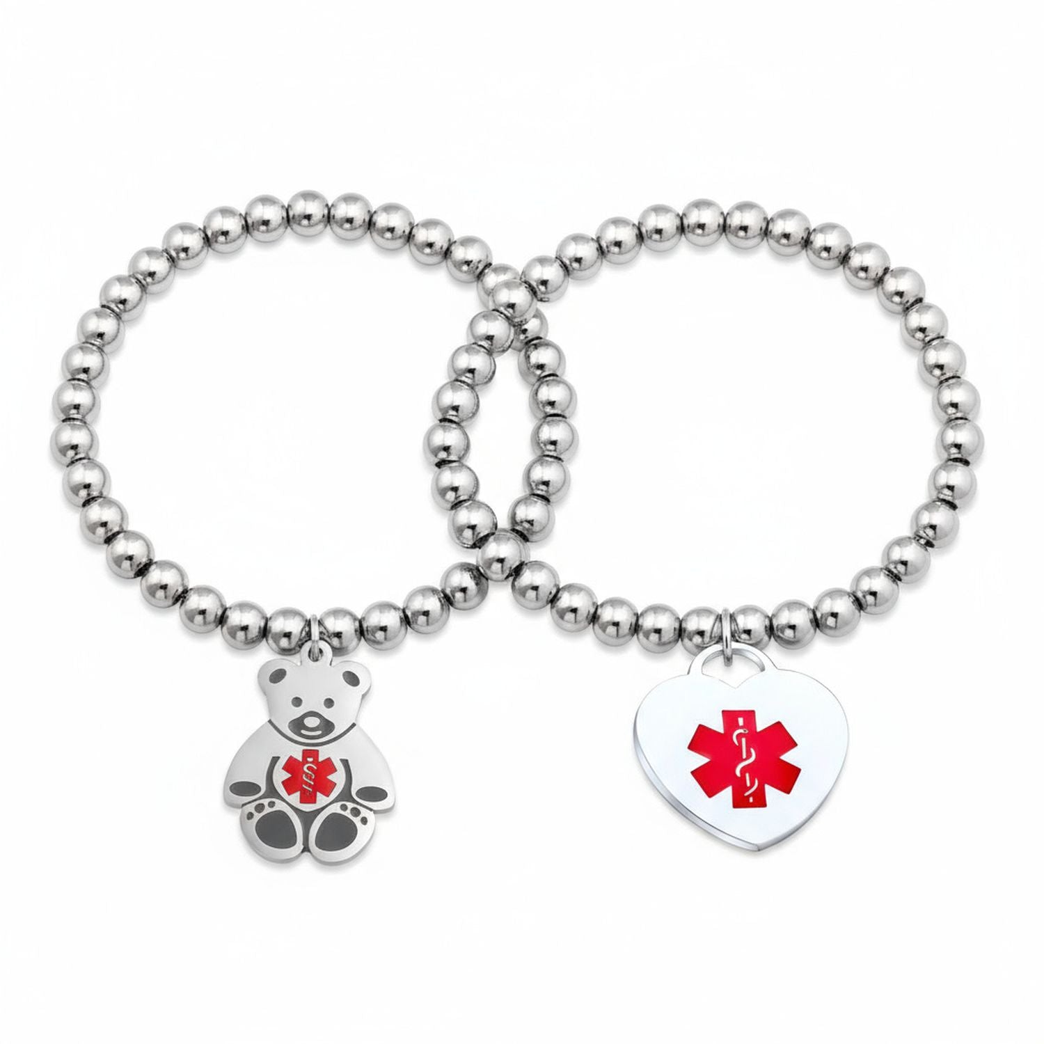 pair-medical-teddy-bear-dangle-bracelet_sgd-xks147-set-az Set of 2 Medical ID Bracelet Teddy Bear & Heart Charm Silver Tone Beads - Image 1