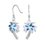 Blue Opal Palm Tree Dangle Gemstone Earrings French Wire