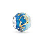 Tropical Ocean Blue Waves Anchor Charm Bead Gold Plated Silver for Bracelet