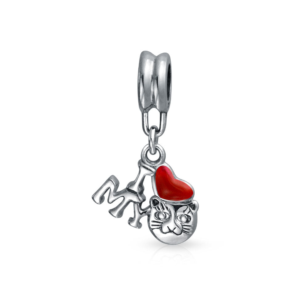 pandora-compatible-bead-heart-cat_hsd-262 Kitten Pet Red Heart 'I Love My Cat' Dangle Charm Bead for European Bracelet - Image 1