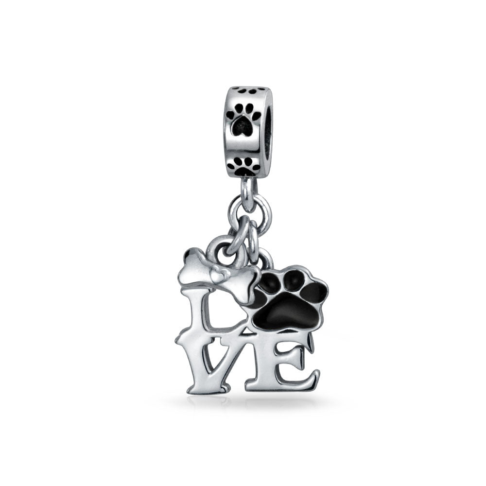 pandora-compatible-bead-love-dog_hsd-264 BFF Pet Lover Black Dog Cat Paw Print Dangle Charm Bead - Image 1