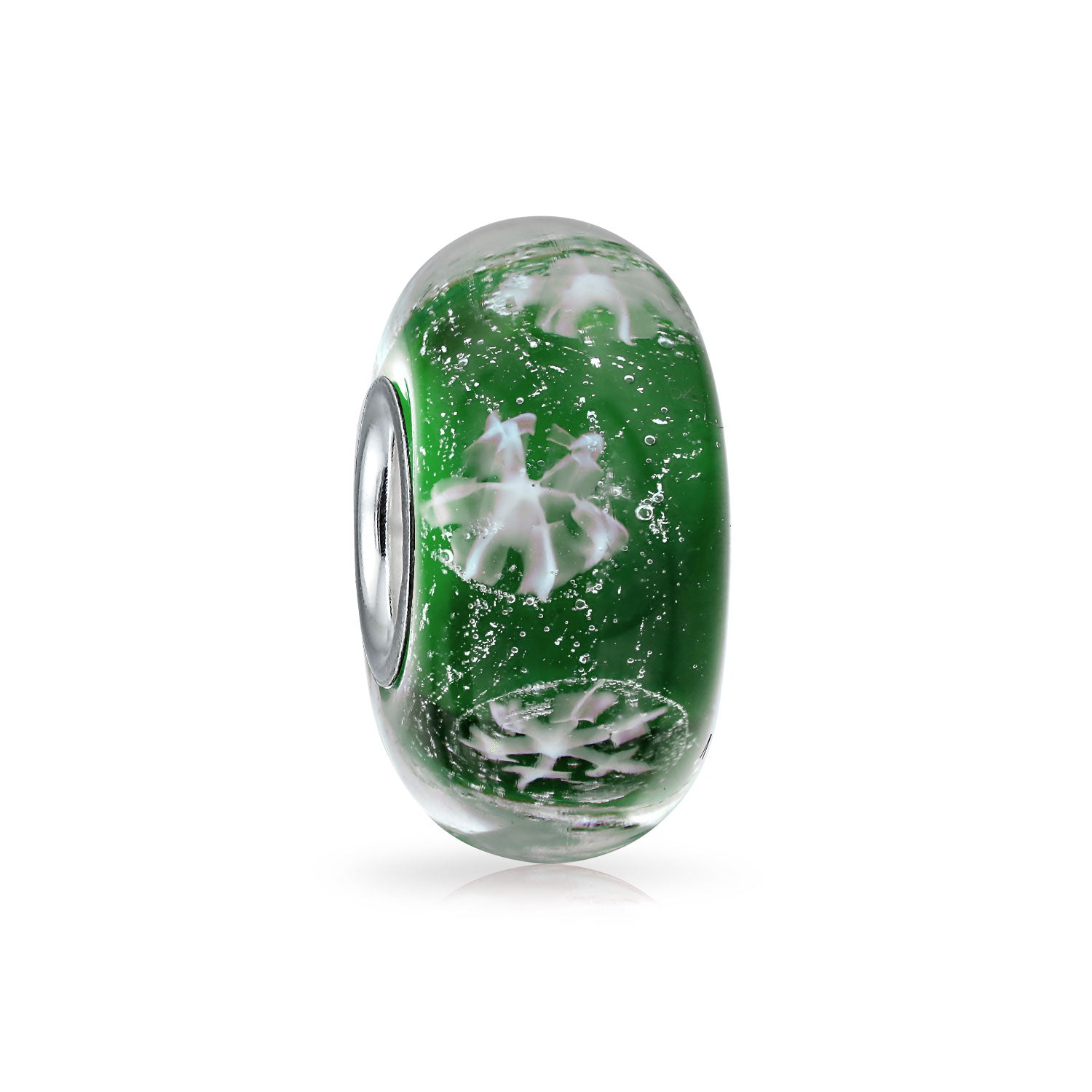 pandora-compatible-bead-snowflake-green_pbx-hgs-grnflake-az_1 Christmas Charm Bead Snowflake Green Murano Glass Spacer for European Bracelets - Image 1