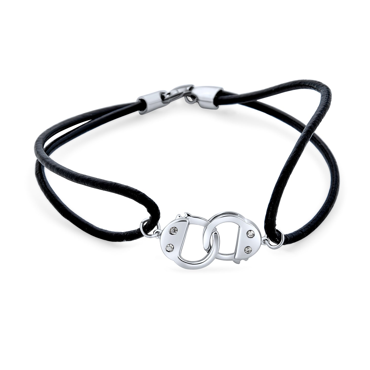 partner-silver-leather-cz-handcuff-bracelet_pfs-52-1749-az_1 Minimalist Wrap Bracelet Black Leather Cord with Sterling Silver Handcuff Design - Image 1
