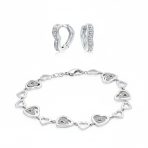 Open Heart Pave CZ Bracelet & Hoop Earrings Jewelry Set Silver Plated