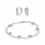 Open Heart Pave CZ Bracelet & Hoop Earrings Jewelry Set Silver Plated