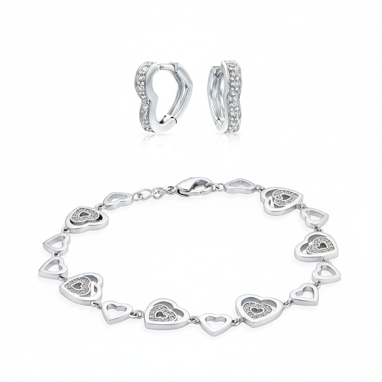 pave-aaa-cz-hearts-earring-bracelet-mdr-3579b-046-set-az Open Heart Pave CZ Bracelet & Hoop Earrings Jewelry Set Silver Plated - Image 1
