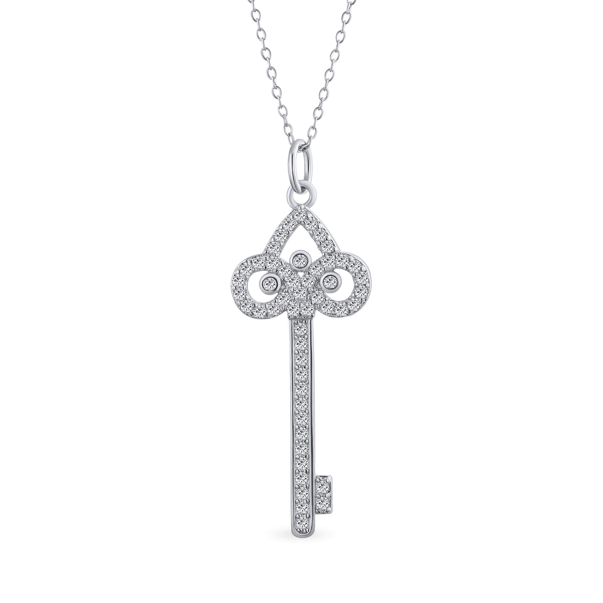pave-cz-fleur-de-lis-key-cl-k4541-bjr-01 Sterling Silver Fleur De Lis Key Pendant Necklace with Pave Cubic Zirconia - Image 1