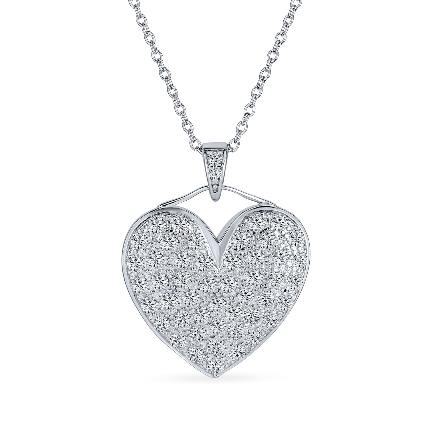 pave-cz-heart-shaped-pendant-necklace_m-8651_1 Romantic Big Pave Cubic Zirconia CZ Puff Heart Shape Pendant Necklace .925 Sterling Silver - Image 1