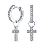 Tiny Cross Communion Kpop Huggie Dangle Chandelier Earrings CZ Hoop Set