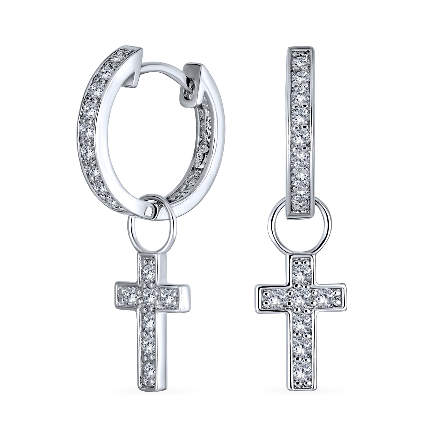 pave-earrings-hoop-cross-cz-dangle_hsh-hse4910-az_1 Tiny Cross Communion Kpop Huggie Dangle Chandelier Earrings CZ Hoop Set - Image 1