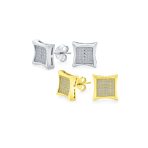 Classic Set of 2 Square Shaped CZ Cubic Zirconia Stud Earrings Gold Plated Sterling Silver