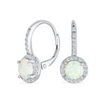Vintage Dangle Gemstone Earrings CZ Halo Opal Rose Gold Sterling Silver
