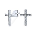 Religious Cross CZ Stud Earrings Micro Pave Cubic Zirconia Sterling Silver